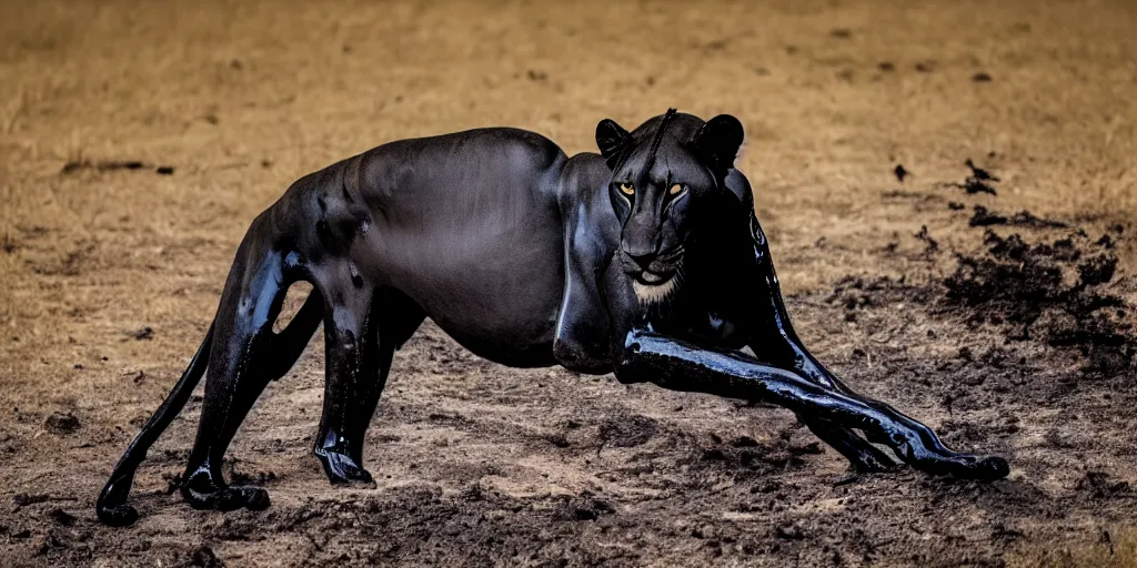 Image similar to a black lioness, made of smooth black goo, bathing inside the lake of black goo, viscous, sticky, full of tar, covered with black goo. dslr, photography, realism, animal photography, color, savanna, wildlife photography, black goo