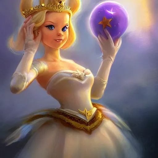 Prompt: princess rosalina from super mario as realistic blond human character, with star luma, art portrait, matte fantasy painting, deviantart artstation, by jason felix by steve argyle by tyler jacobson by peter mohrbacher, cinema c 9. 0