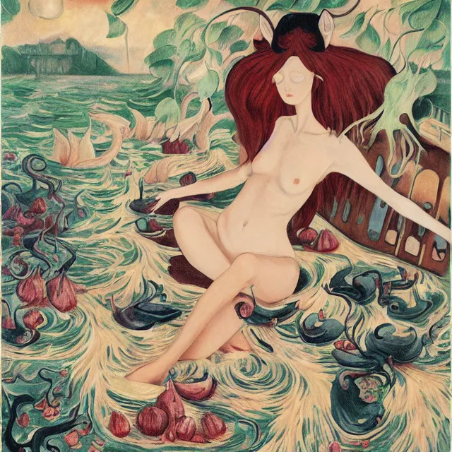 Image similar to tall female catgirl artist holding sheet music in her flooded apartment, pomegranates, octopus, water gushing from ceiling, painting of flood waters inside an artist's apartment, a river flooding indoors, mushrooms, ikebana, zen, rapids, waterfall, black swans, canoe, berries, acrylic on canvas, surrealist, by magritte and monet