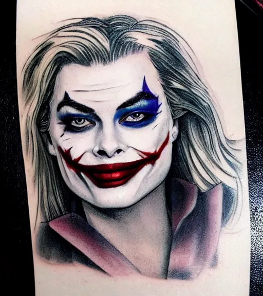 Prompt: tattoo design sketch of beautiful margot robbie with faded joker makeup and holding an ace card, in the style of den yakovlev, realistic face, black and white, realism tattoo, hyper realistic, highly detailed