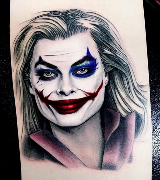 Image similar to tattoo design sketch of beautiful margot robbie with faded joker makeup and holding an ace card, in the style of den yakovlev, realistic face, black and white, realism tattoo, hyper realistic, highly detailed