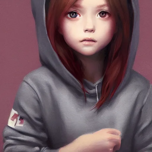 Image similar to a cute tiny girl with short red hair wearing a hoodie, digital art, very beautiful face, pretty face, very detailed eyes, full body illustration, 8 k resolution, soft painting, by greg rutkowski, wlop, rossdraws,