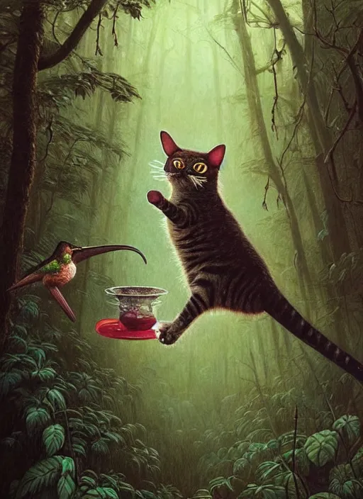 Image similar to a hyper realistic illustrated cat with playing with a hummingbird on its paw in the woods gorgeous lighting, lush forest foliage painting by chiara bautista and beksinski and norman rockwell and greg rutkowski weta studio, and lucasfilm