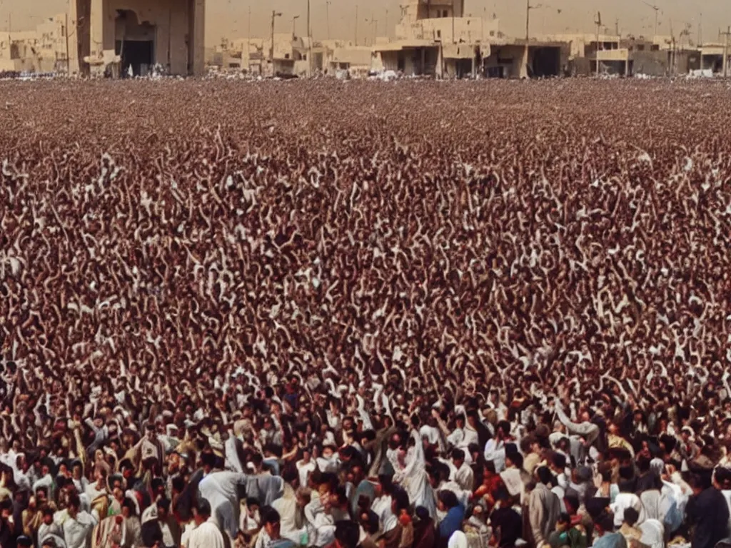 Image similar to vintage 90s VHS video still of crowd mourning Imam Hussein in the Middle East, realistic, TV, noise