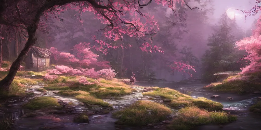 Image similar to woods on the mountain in spring with small stream and small house, warm atmosphere, ilustration, fairy tales, chinese mythology elements, a little light pink shade, characterized by roman shipunov, etienne hebinger, atey ghailan, cgsociety, fantasy art, 2 d game art
