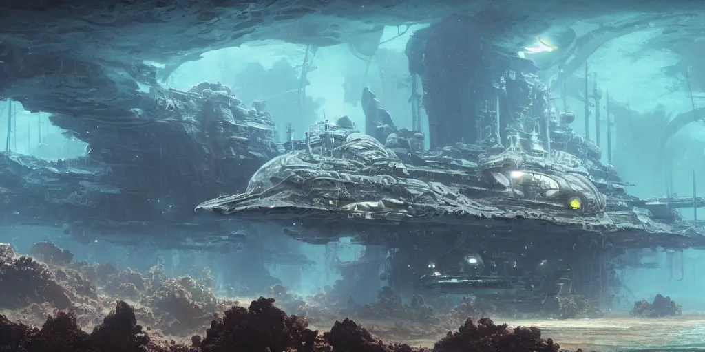 Image similar to a dieselpunk spaceship lies at the bottom of the sea in a coral reef, underwater, matte painting, submecanophobia, fantasy, intricate, elegant, digital painting, trending on artstation, concept art, sharp focus, illustration by greg rutkowski, darek zabrocki and john berkey, 4 k.