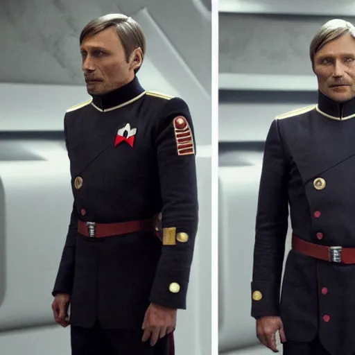 Prompt: Mads Mikkelsen wearing his starfleet captains uniform