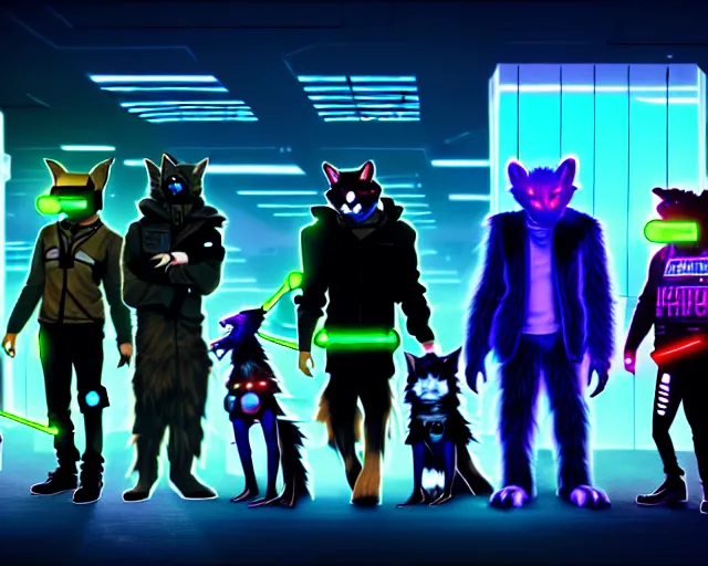 Image similar to high - resolution photograph from a cyberpunk era furry fandom convention ( midwest furfest 2 0 4 7 ), taking place after the genetic revolution and quantum singularity. photorealistic.