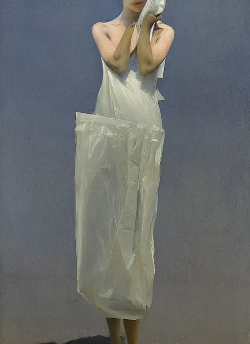 Image similar to woman in a translucent clothing made from plastic bag with paper bags for clothes standing inside paper bags with paper bag over the head at store display Edward Hopper and James Gilleard, Zdzislaw Beksinski, highly detailed