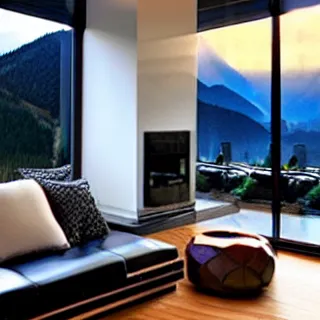 Image similar to fantastical living room with switzerland landscape in the window