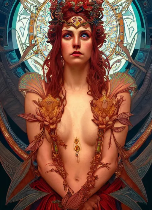 Prompt: the goddess hera looking angry wearing a paper tunic, glowing eyes, volumetric lights, red and cyan theme, art nouveau botanicals, intricate, highly detailed, digital painting, artstation, concept art, smooth, sharp focus, symmetric face, illustration, art by artgerm and greg rutkowski and alphonse mucha
