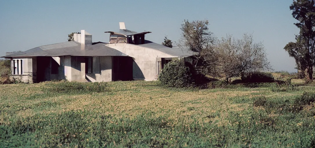 Image similar to farmhouse designed by buckminster fuller. landscape design by salvador dali. fujinon premista 1 9 - 4 5 mm t 2. 9. portra 8 0 0.