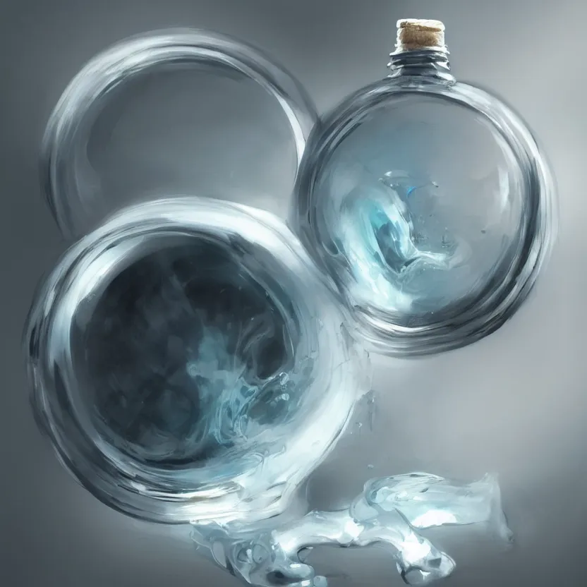 Image similar to concept art of a healthy and natural white liquid dietary supplement in a round transparent bottle with black sticker on it, by aenaluck, artgerm and roberto ferri and greg rutkowski, light blue and white tones, digital painting, artstation, concept art, smooth, sharp foccus ilustration hq