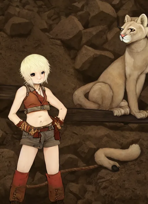 Prompt: character portrait of a (((anthro albino mountain lion))) wearing miner's clothes at the mines. hidari, color page, tankoban, 4K, tone mapping, Akihiko Yoshida.