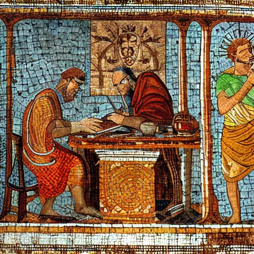 Image similar to romans using a computer in a office, artwork roman mosaic, ancient rome, opus tesellatum.