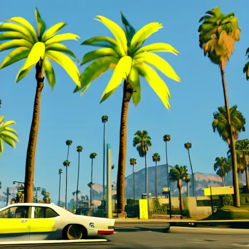 Image similar to yellow in gta v. los santos in background, palm trees in the art style of stephen bliss, 4 k