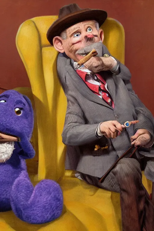 Image similar to still from kids tv show, retired barney, sitting in a lounge, sipping whiskey and smoking a cigar, oil on canvas, intricate, portrait, 8 k highly professionally detailed, hdr, cgsociety