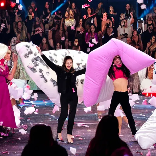 Prompt: a pillow fight during the Victoria’a Secret runway show, 8k, vogue magazine