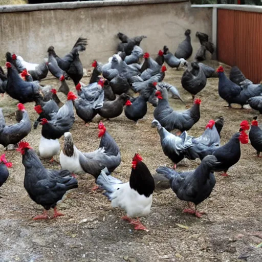 Image similar to a social gathering of gangster chickens and pigeons