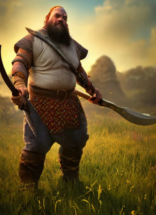 Prompt: A fantasy comic book style portrait painting of a axe wielding fantasy d&d dwarf in a open meadow field in the summer, unreal 5, DAZ, hyperrealistic, octane render, RPG portrait, ambient light, dynamic lighting