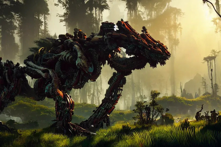 Prompt: wide epic shot. a hyper detailed organic mechanic creatuve realistic similar look as horizon forbidden west horizon zero dawn, bioluminiscence in a dark deep forest at dawn in spring, with reflection and textures, by kilian eng, substance painter reaslitic mech surface metal painted scratches, world env from horizon forbidden west horizon zero dawn