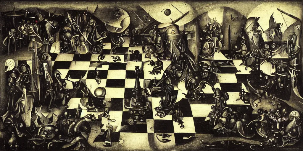 prompthunt: chess game, chess, black square, white square, gameplay in  style of hieronymus bosch paintings, painting, gameplay, high detailed,  dark fantasy, dark tones, armored units, high detailed, contrast, octane  render, mill, farm