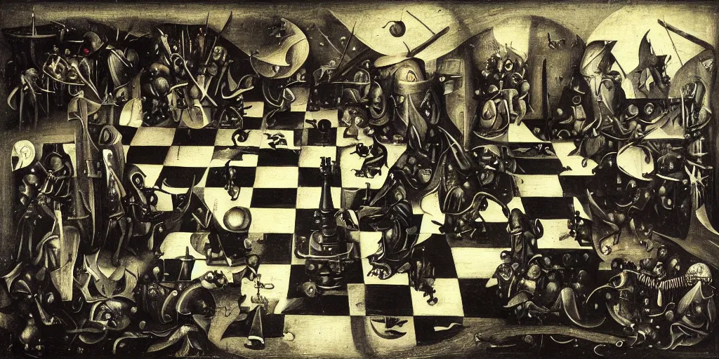 Image similar to chess game, chess, black square, white square, gameplay in style of hieronymus bosch paintings, painting, gameplay, high detailed, dark fantasy, dark tones, armored units, high detailed, contrast, octane render, mill, farm, creative