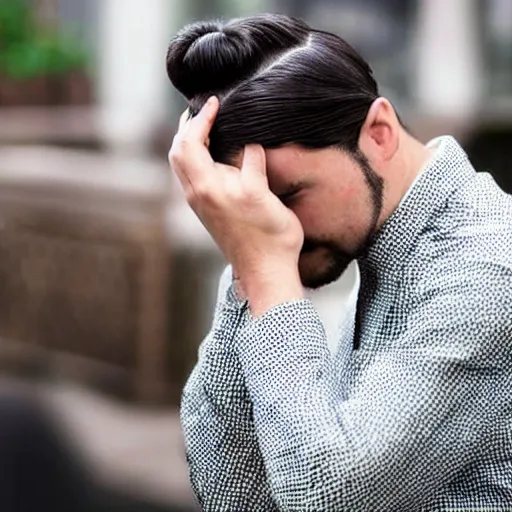 Prompt: tearful! professional millennial man with beehive women's hairstyle