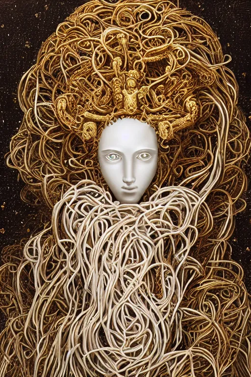 Prompt: ancient spaghetti god, holy regal spaghetti creature, shining white light, luxurious throne, mystical being with a face of spaghetti, intricate statue, gold, spaghetti face, detailed realistic painting, 4 k