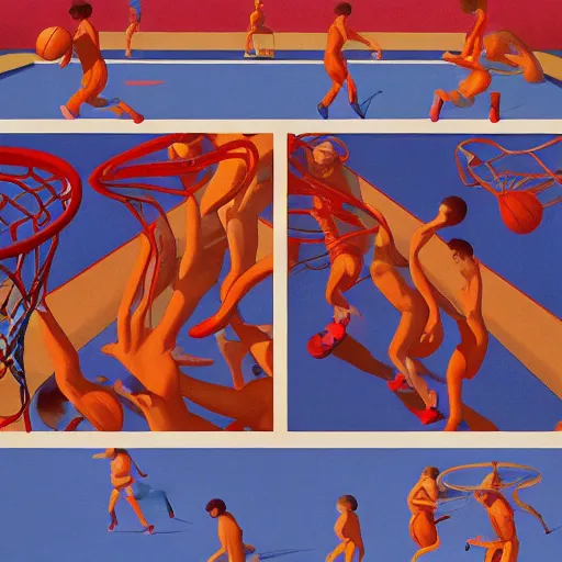 Prompt: a colorful illustration of animals playing basketball, by kawase hasui, Edward Hopper and James Gilleard, Zdzislaw Beksinski, Steven Outram colorful flat surreal design, hd, 8k, artstation