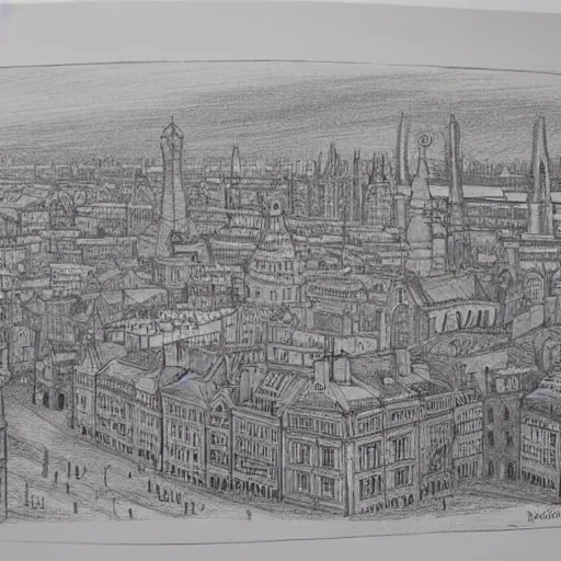 Image similar to a beautiful detailed inked drawing of a Victorian cityscape by Wed Anderson, muted colors