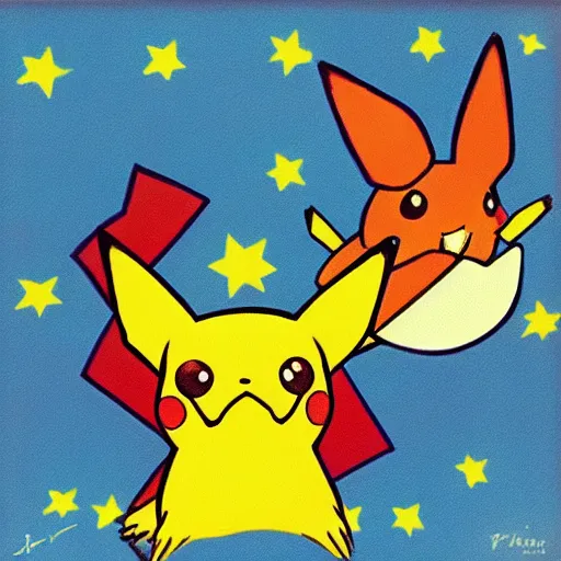 Prompt: Let's Go Pikachu and Eevee, by Peter Max