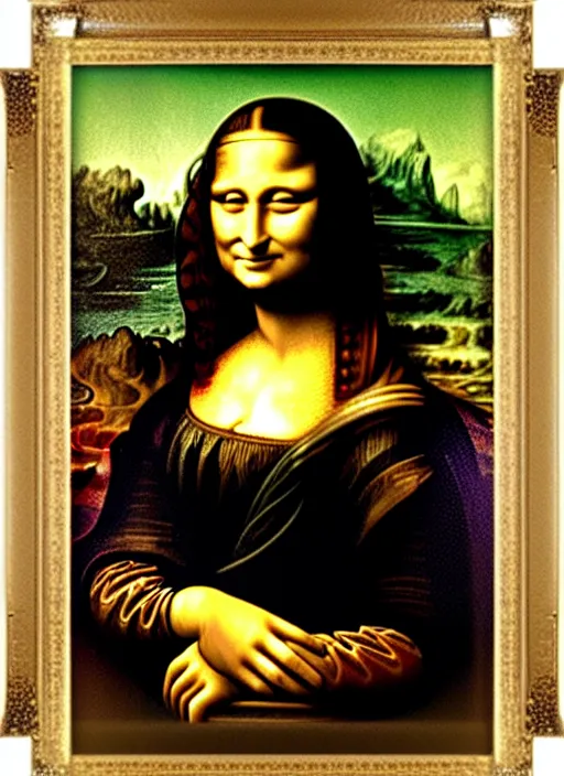Prompt: photograph of a portrait painting of mona lisa by leonardo de vinci with a renassiance style frame hanging in the louvre