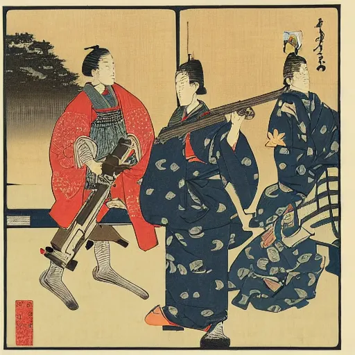 Prompt: Europeans with muskets, ukiyo-e, woodblock print