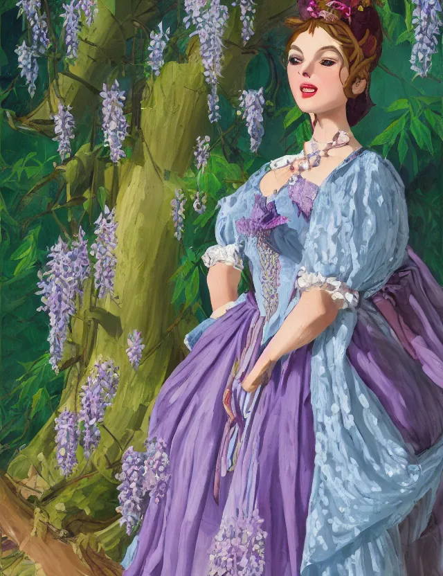 Prompt: middle eastern queen of the wisteria springs, wearing a lolita dress. this heavily stylized oil painting by an indie children's book illustrator has an interesting color scheme, plenty of details and impeccable lighting.