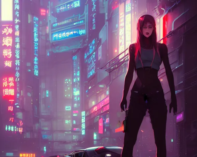 Image similar to Beautiful full body portrait of beautiful cyberpunk woman by Greg Rutkowski and Krenz Cushart and Pan_Ren_Wei and Hongkun_st and Bo Chen and Enze Fu and WLOP and Alex Chow, Madhouse Inc., anime style, crepuscular rays, set in rainy futuristic cyberpunk Tokyo street, dapped light, dark fantasy, feminine figure, smooth skin, gorgeous, pretty face, beautiful fashion model body, high detail, hyper realistic, cgsociety, trending on artstation