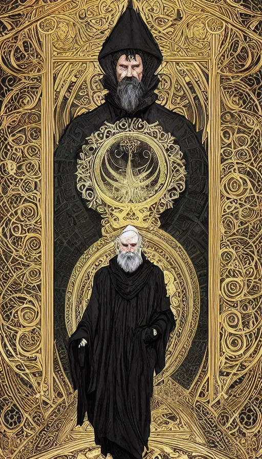 Image similar to one old man wore a black cloak, a black cloak and a white beard, highly detailed, very intricate, art nouveau, gold filigree, left right symmetry, tarot concept art watercolor illustration by mandy jurgens and alphonse mucha and alena aenami, featured on artstation