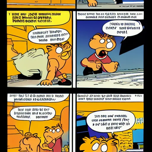 Prompt: garfield comic strip of phil taylor kicking a man to death in the street