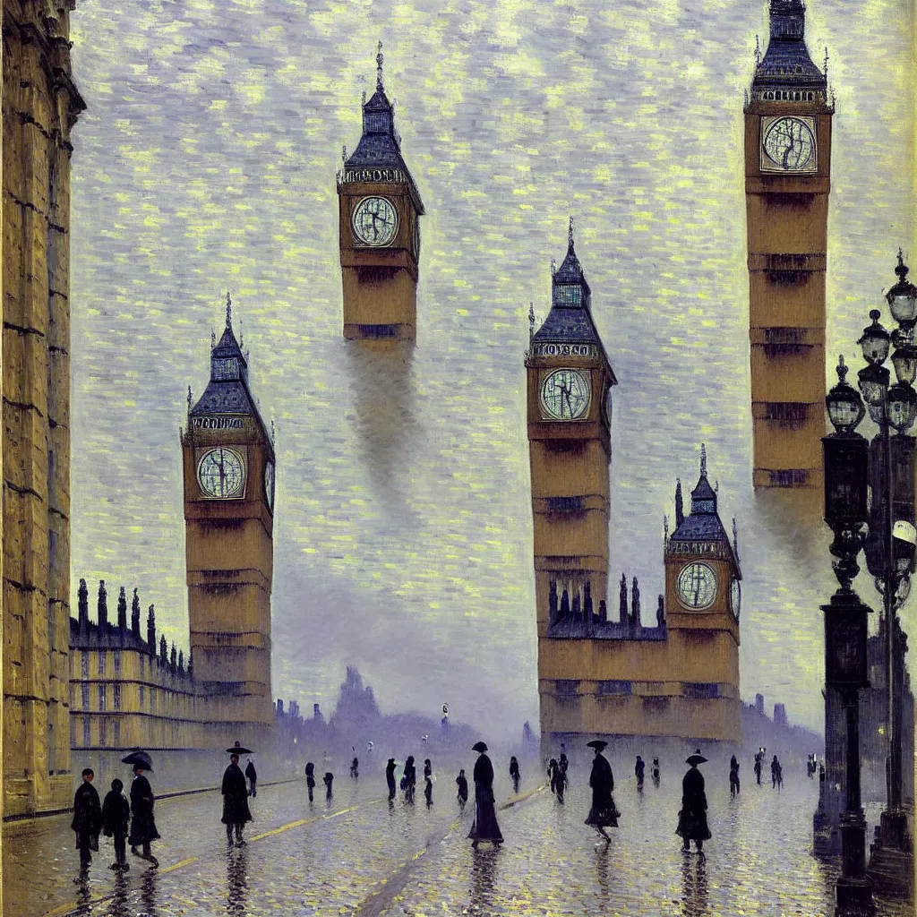 Image similar to gustave caillebotte painting of london in sunny rainy day, big ben