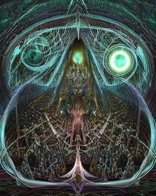 Image similar to a quantum computer, geometric crystal wiring, emerald circuits, highly advanced technology surrounded by a dark cabal of multiple hooded elven mystics in long dark robes gathered in a circular formation, dan seagrave art, michael whelan, artstation, cgsociety