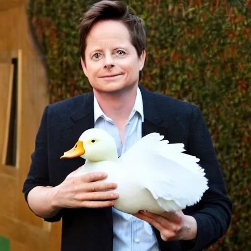 Prompt: michael j fox, holding a white duck