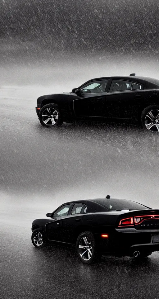 Image similar to photograph of a 2 0 1 1 dodge charger driving down a highway in the rain, dark, gothic, lovecraftian, hyperrealistic, 4 k, highly detailed,