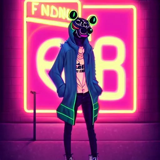 Image similar to beautiful furry digital art portrait commission of an androgynous furry anthro frog fursona wearing punk clothes in the streets of a cyberpunk city. neon signs. character design by charlie bowater, ross tran, artgerm, and makoto shinkai