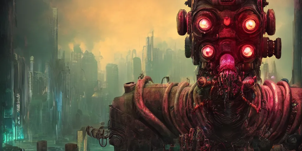 Image similar to a cyberpunk chtulhu creature closeup, fallout 5, studio lighting, deep colors, apocalyptic setting, vertically mirrored city in background