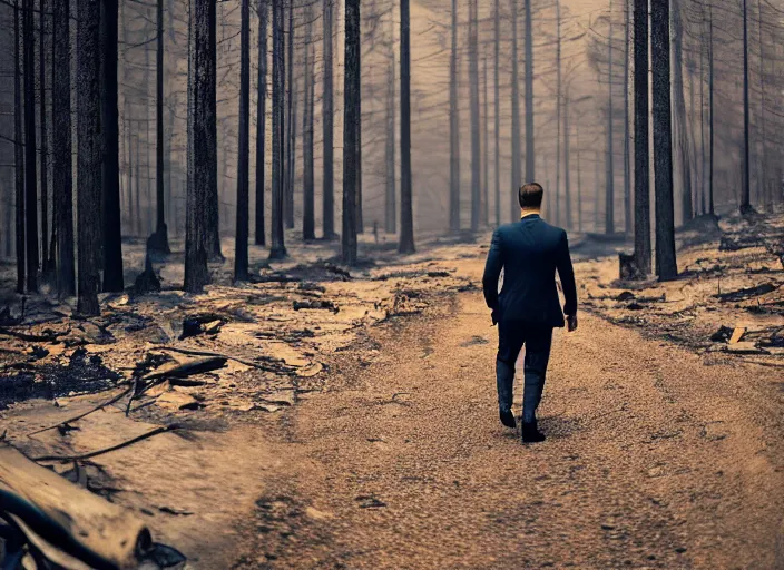 Image similar to a 3 5 mm photo from the back of a man in a gray suit walking through a forest fire, splash art, movie still, bokeh, canon 5 0 mm, cinematic lighting, dramatic, film, photography, cold blue light, depth of field, award - winning, anamorphic lens flare, 8 k, hyper detailed, 3 5 mm film grain