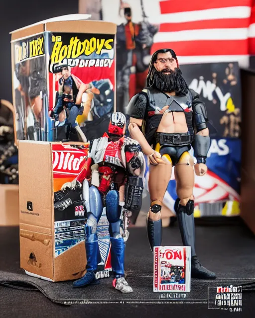 Image similar to box of the toy of proud boys as an action figure, hyper real, advertising photography, 8k