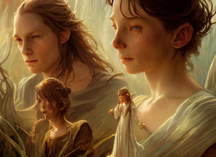 Image similar to a dramatic highly detailed render of the kids of Galadriel and Gollum, Middle-earth , by WLOP and Artgerm and Greg Rutkowski and Alphonse Mucha, Beautiful dynamic dramatic dark moody lighting, shadows, cinematic atmosphere, Artstation, Octane render, 8K, masterpiece, sharp focus, hyperrealistic, photograph