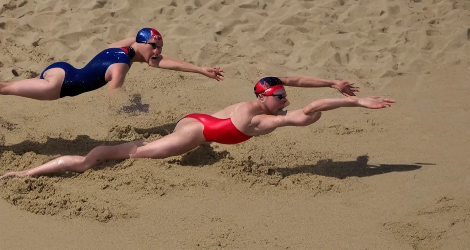 Image similar to olympic swimming in sand instead of water, extremely coherent