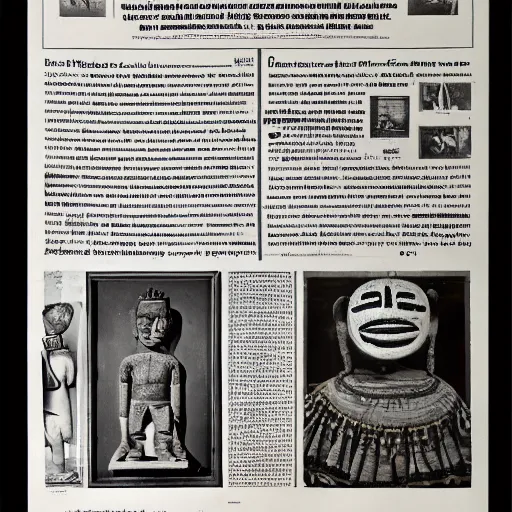 Image similar to A full page advertisement for a colonial gallery, Precolombian artifacts, masks, objects, newspaper style, black and white, Precolombian Arts magazine, 70s