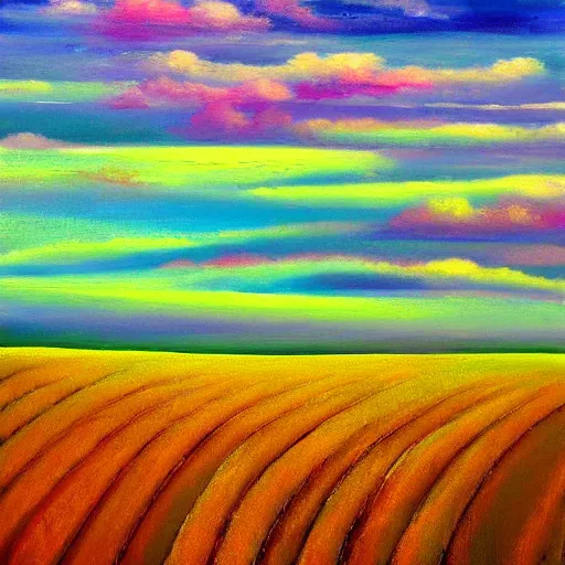 Prompt: dreamy landscape painting of the fields of the void, color abberation effect, vingetting